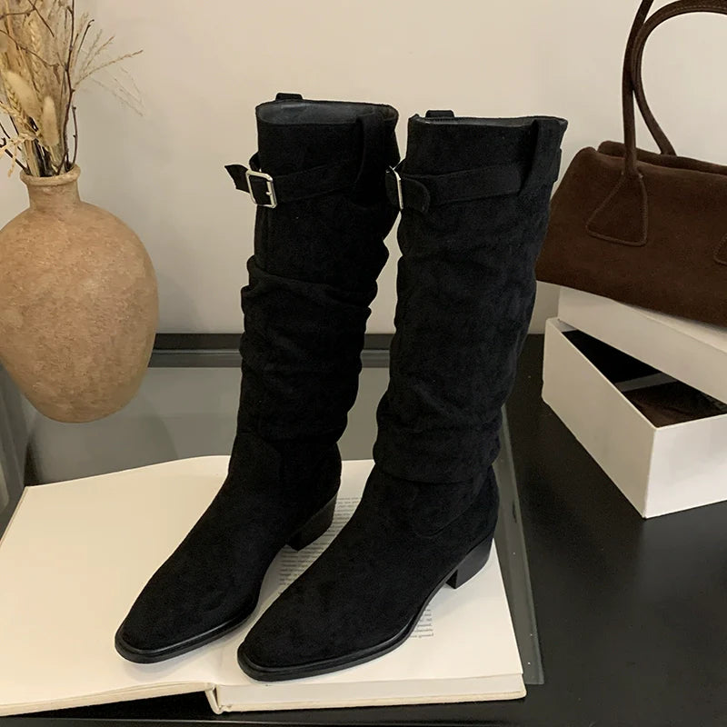 Suede Square Toe Slouchy Womens Boots Fall Winter New Buckle Chunky Heel Knee High Slimming Biker Boots