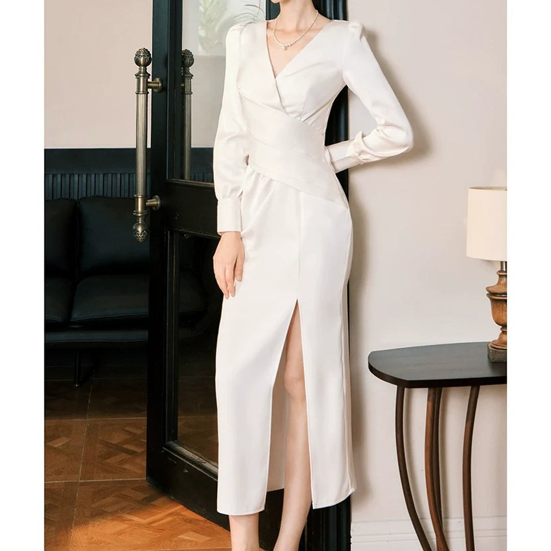 French Satin Long Sleeve Gown Dress