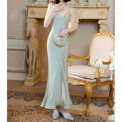 French Summer Fishtail Spaghetti Strap Resort Gown Dress