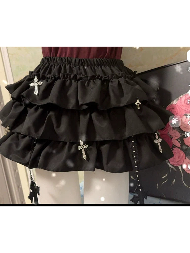 Cross Print Puff Cake Skirt Subculture Gothic Punk Y2K E-girl Abi American Retro Fluffy Skirt
