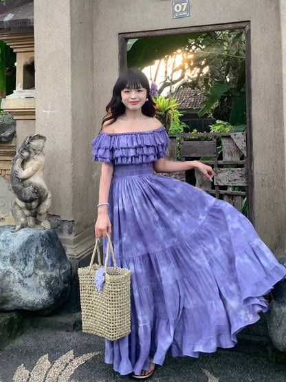 Purple Handcrafted Tie-Dye Off-The-Shoulder Maxi Dress