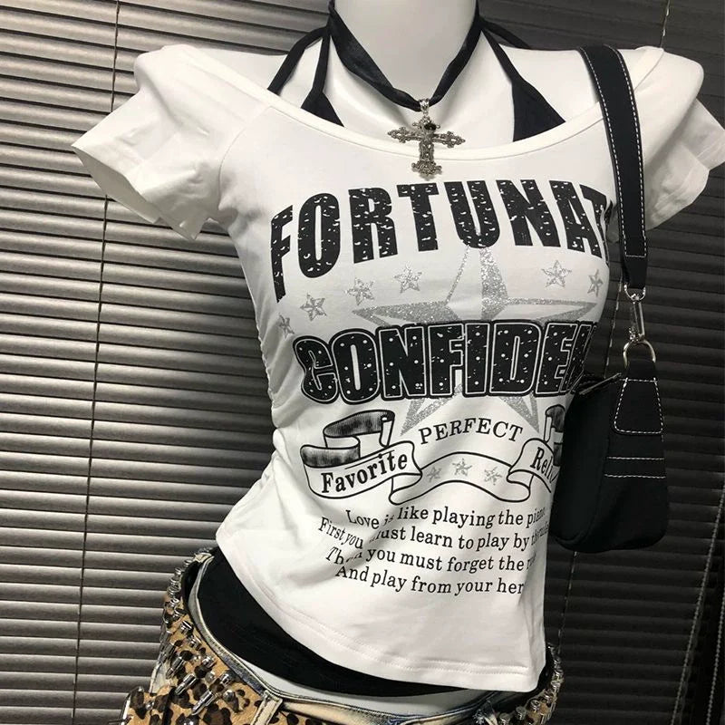 White Letter & Star Fake Two-Piece Tie Rock Punk Y2K T-Shirt