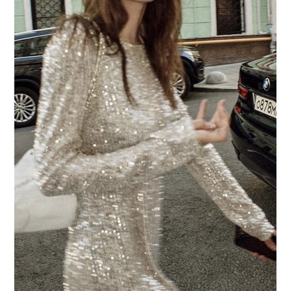 Silver Sequin Long Sleeve Top