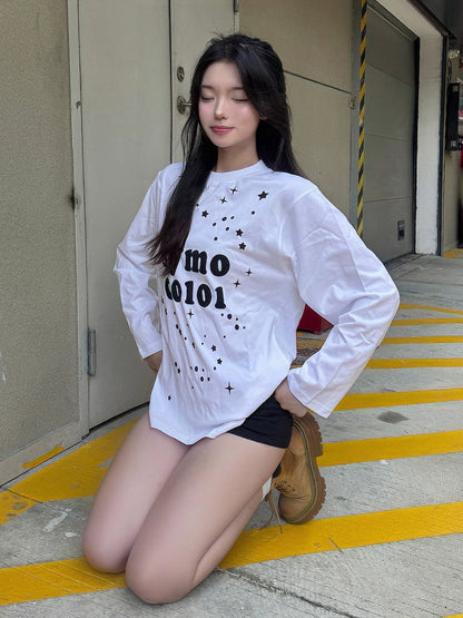 Korean White Star Print Long Sleeve Tee