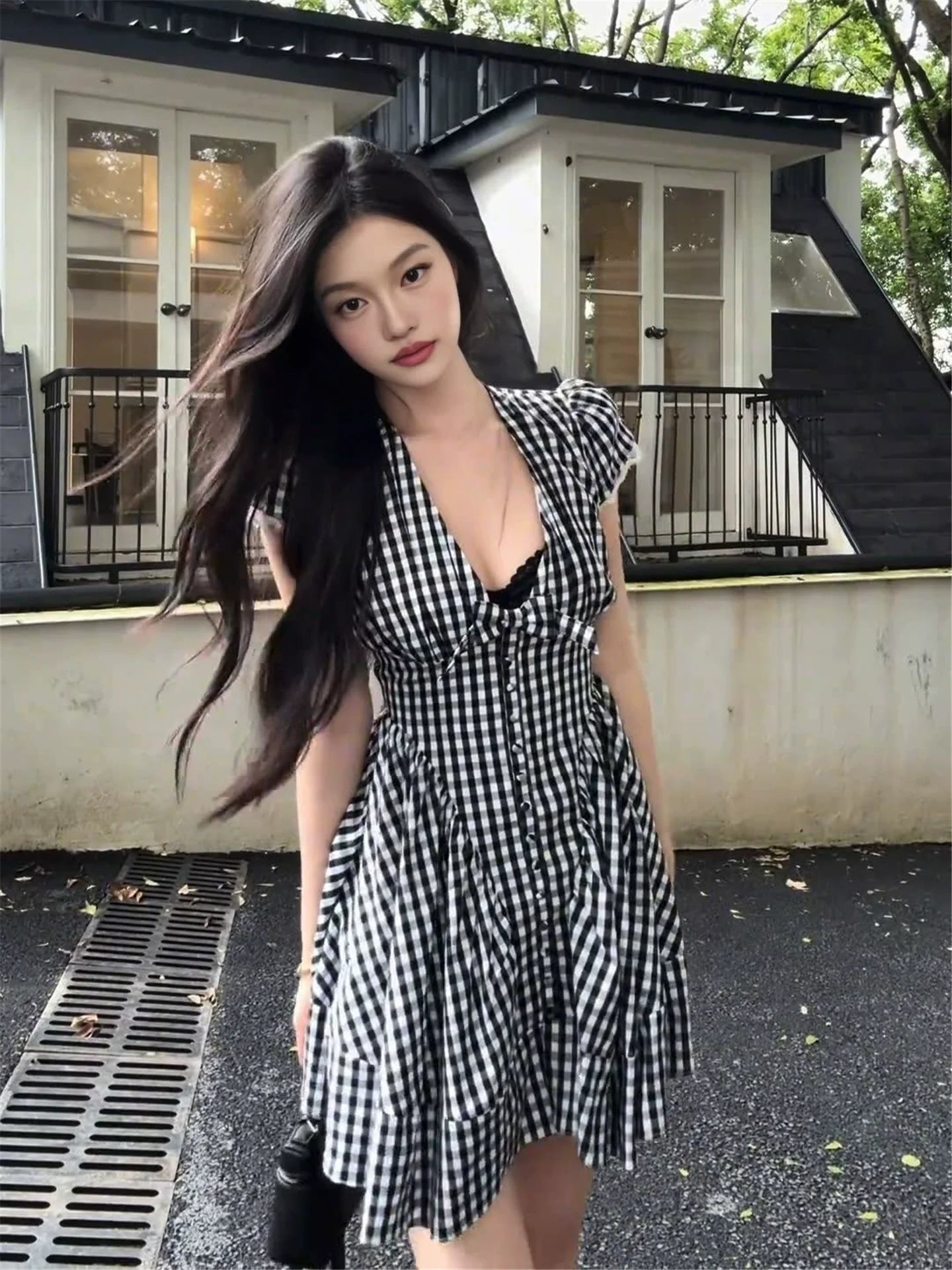 Black Plaid Deep V-Neck Lace-Trimmed Bubble-Sleeve Mini Dress