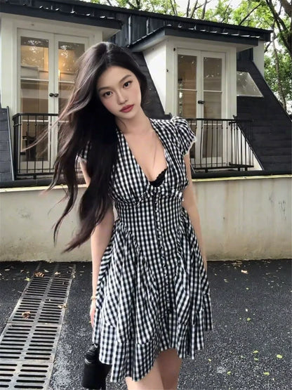 Black Plaid Deep V-Neck Lace-Trimmed Bubble-Sleeve Mini Dress