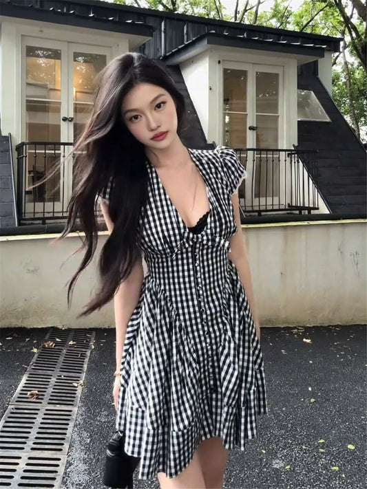 Black Plaid Deep V-Neck Lace-Trimmed Bubble-Sleeve Mini Dress