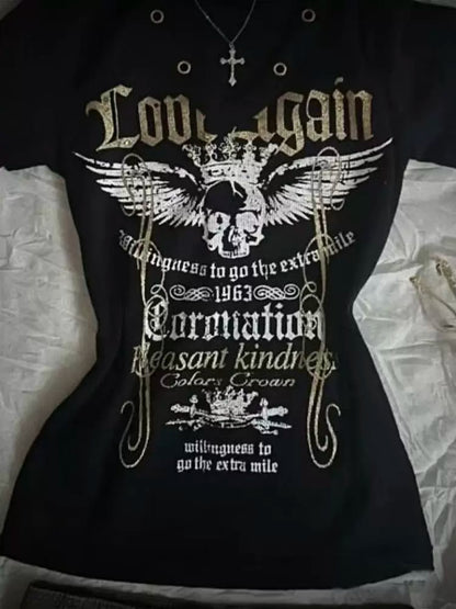 Black Subculture Rock Punk Y2K Abi E-girl American Retro Print Hooded Short Sleeve Top