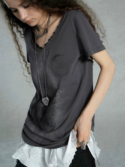 Smoky Gray Punk Y2K E-girl V-neck Lace Mystery Print Oversized Mid-Length Short Sleeve Top