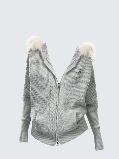 Cable Knit Fur Collar Cardigan
