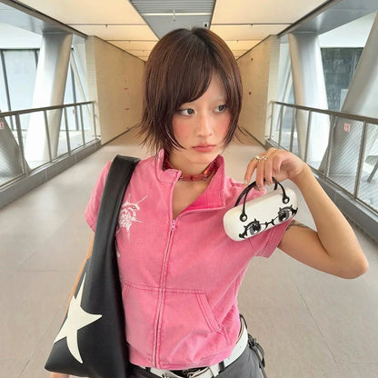 Y2K Stand Collar Short Sleeve Crop Cardigan Layered T Shirt Top