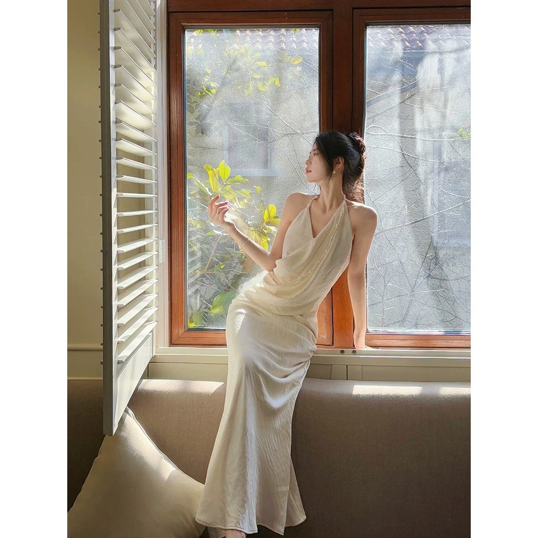 French Satin Halter Neck Pearl Waist Holiday Bodycon Gown Dress