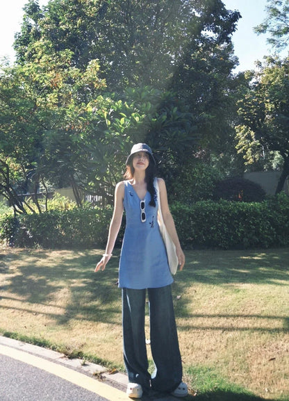 Linen Beaded V-Neck Retro Tank Mini Dress