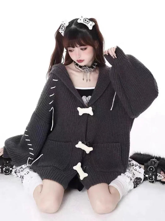 Dark Gray Y2K Retro Bone Print Hooded Sweater