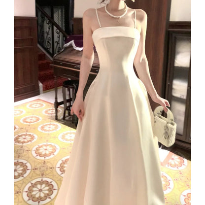 French White Spaghetti Strap Satin Bustier Waist Gown Dress