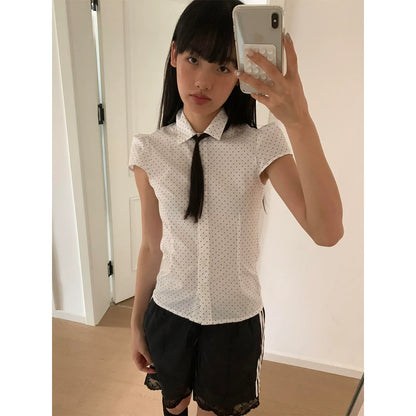 Y2K Star & Polka Dot Polo Shirt White Fitted Summer Top