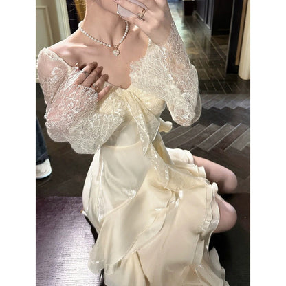 French Lace Long Sleeve Ruffle Waist Gown Dress