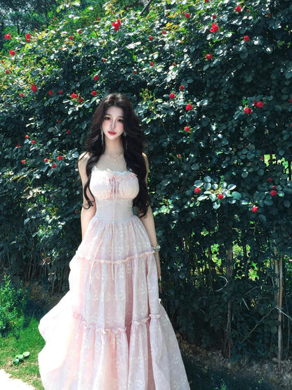 French Pink Halter Soft Sweet Waist-Cinched Princess Tiered Beach Vacation Maxi Dress