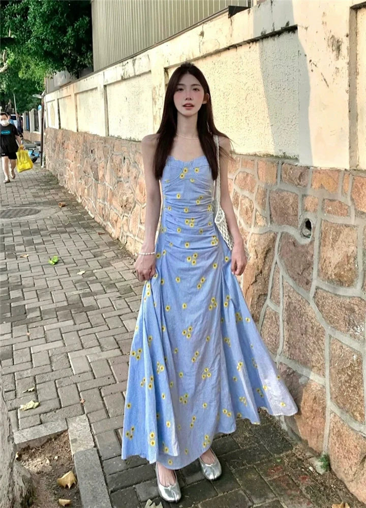 Striped Halter-Neck Open-Back Maxi Dress