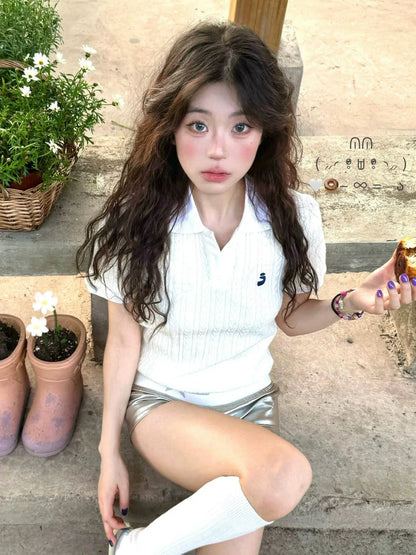 Preppy Embroidered Short Sleeve Polo Top Slim Fit Knit Shirt