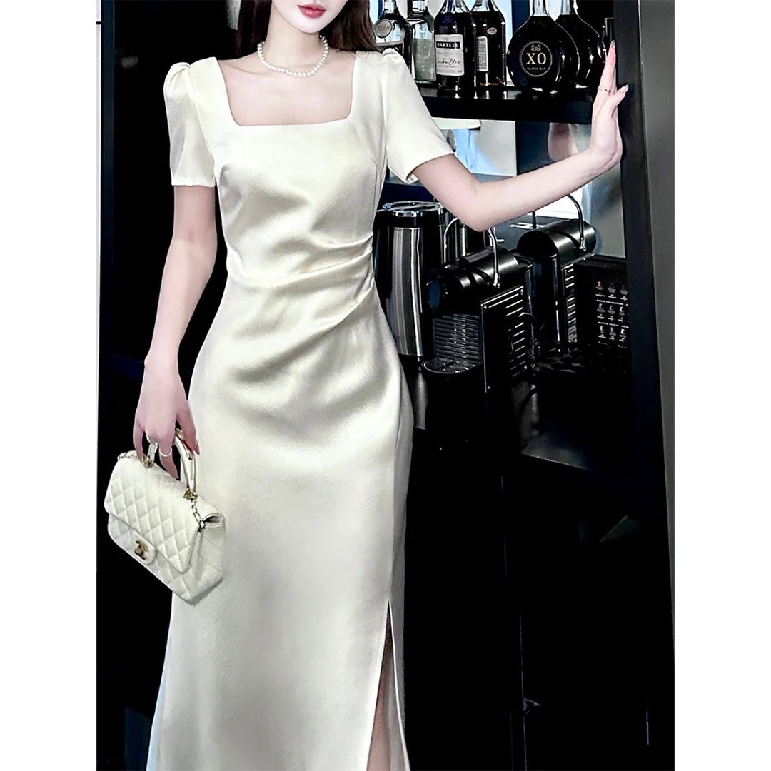 French White Short Sleeve Satin Engagement Gown Dress