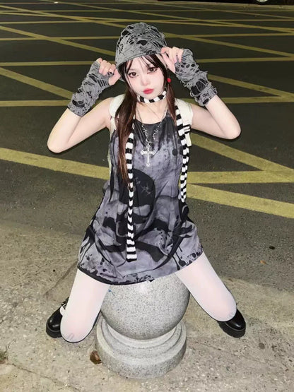 Skull Tank Dress Subculture Cyberpunk Rock Y2K E-girl Gothic Dark Dress
