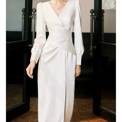 French Satin Long Sleeve Gown Dress