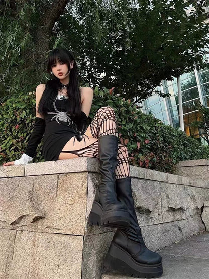 Black [With Free Arm Sleeves] Subculture Punk Y2K E-girl Dark Gothic Crop Top Dress