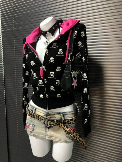 Black Thin Gothic Skull Hoodie Y2K Hoodie
