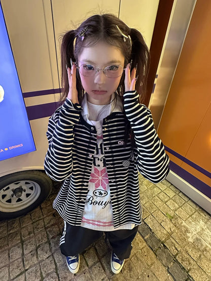 Retro Black White Striped Knit Cardigan Loose Fit