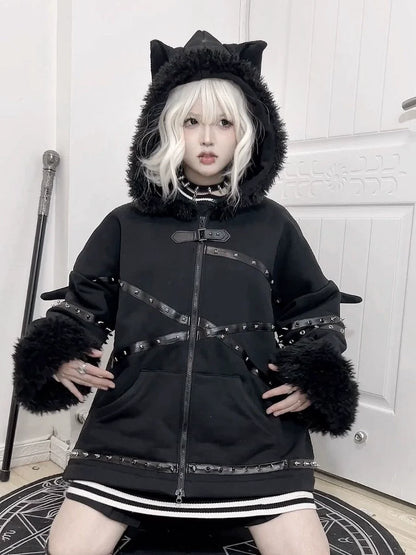 Black Y2K Punk Dark Bat Demon Rivet Hooded Puffer Jacket