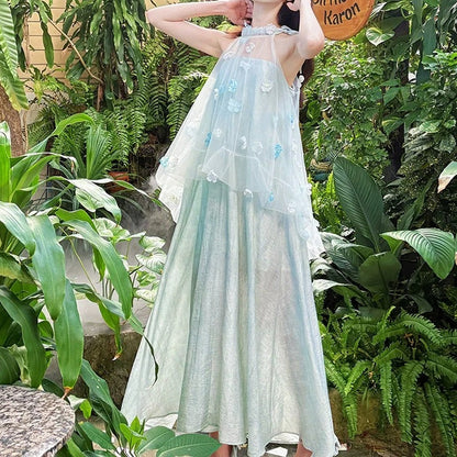 Blue 3D Flower Halter Tulle Gown Dress