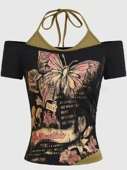 Black American Vintage Butterfly Print Fake Two-Piece Y2K T-Shirt