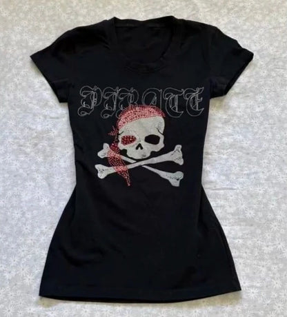 Black Rock Punk Vintage Skull Print Y2K T-Shirt