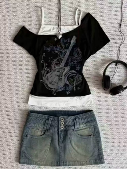 Black Subculture Rock Punk Fake Two-Piece Guitar Print Off-Shoulder Y2K T-Shirt