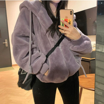 Purple Y2K Hooded Cropped Fuzzy Puffer Jacket
