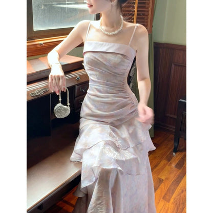 French Ruffle Purple Floral Mermaid Gown Dress