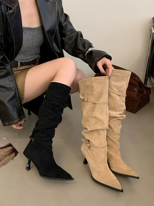 New Fall Winter French Knee High Boots Women Thin High Heel Winter Coat Friendly Knee High Fashion Maillard Boots