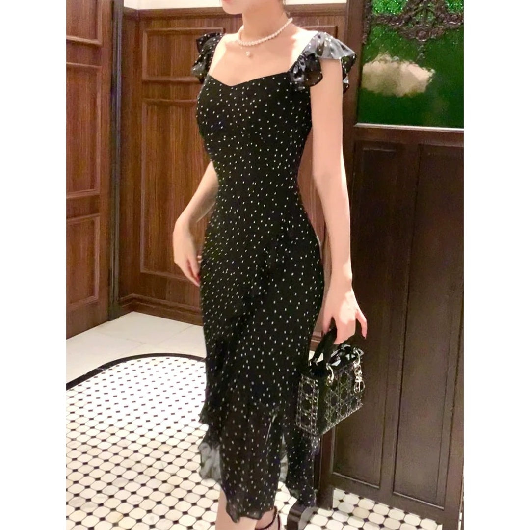 Black Polka Dot Spaghetti Gown Prom Dress