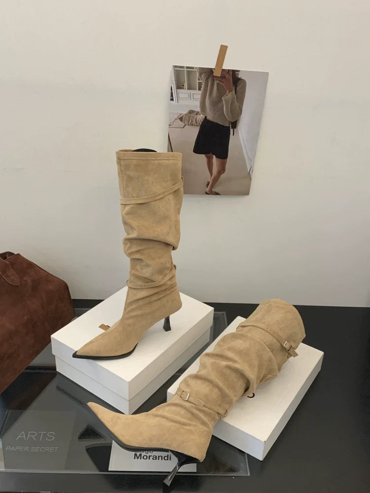 New Fall Winter French Knee High Boots Women Thin High Heel Winter Coat Friendly Knee High Fashion Maillard Boots