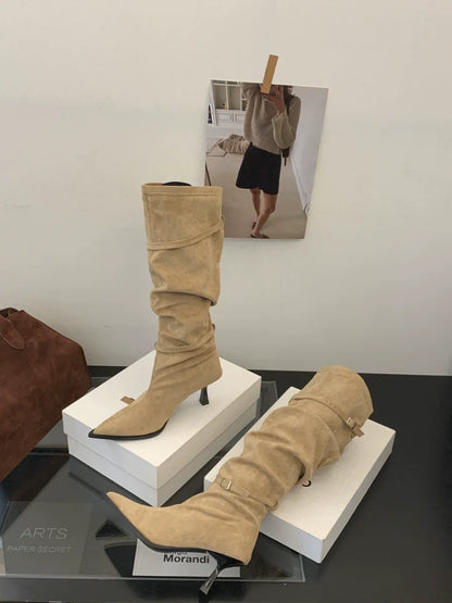 New Fall Winter French Knee High Boots Women Thin High Heel Winter Coat Friendly Knee High Fashion Maillard Boots