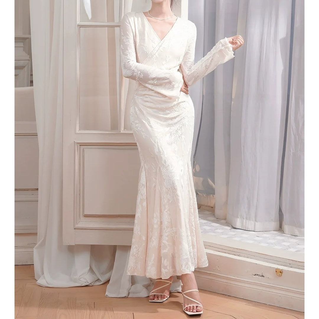 French Vintage V Neck Long Sleeve Bodycon Mermaid Gown Dress