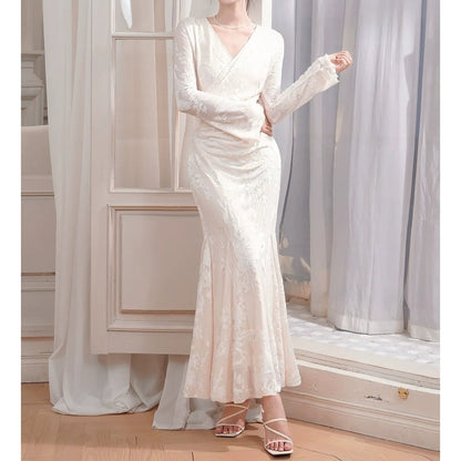 French Vintage V Neck Long Sleeve Bodycon Mermaid Gown Dress