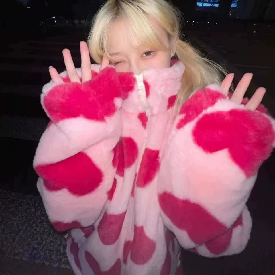 Pink Y2K Punk Heart Lamb Fleece Fleece-Lined Puffer Jacket