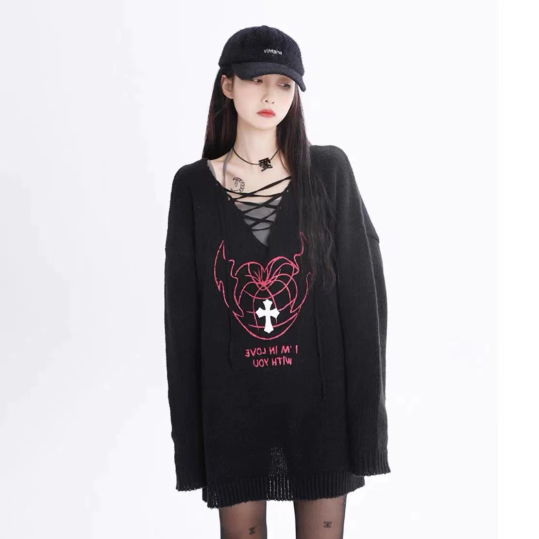 Heather Gray Camisole + Black Sweater Two-Piece Set Subculture Punk Y2K E-girl V-neck Slouchy Knit Top