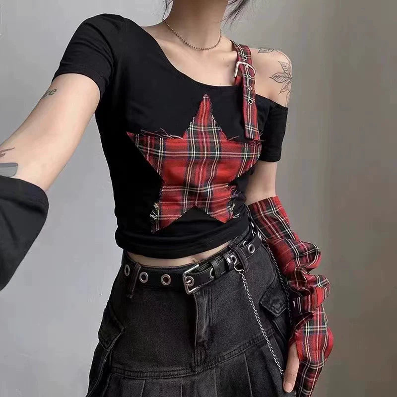 Black (With Arm Sleeves) Subculture Punk Y2K E-girl Gypsy-Style Plaid Asymmetrical Off-Shoulder Top