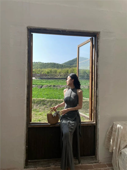 High-End Gray Modal Tank Dress Fake Two-Piece Bodycon