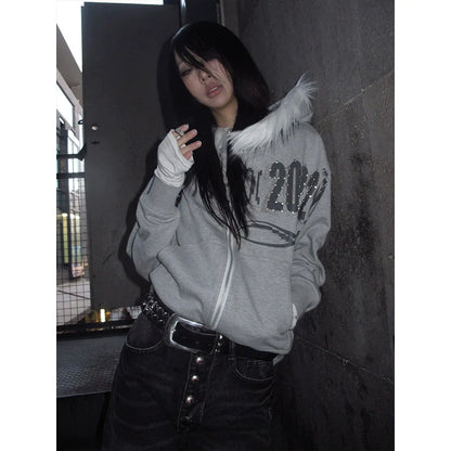 Y2K Visual Kei Fur-Lined Hoodie Autumn-Winter Heavyweight Short Zip-Up Pullover