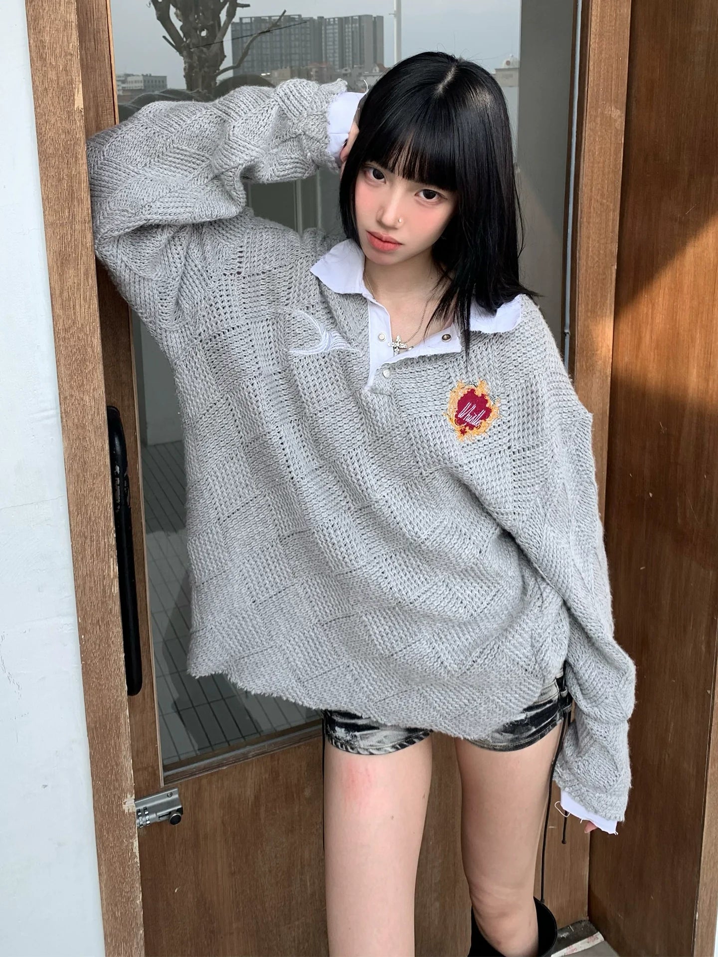 Subculture Argyle Polo Sweater Hollow Knit Layered Design Top