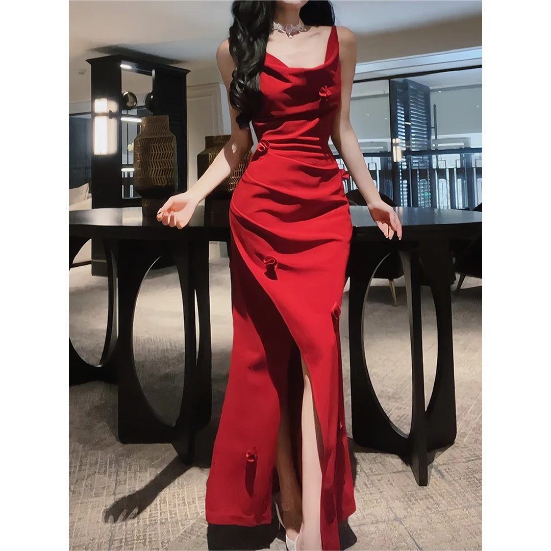 French Draped Spaghetti Strap Beach Resort Gown Dress – Waist-Fitted Dress